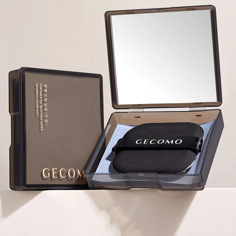 100 Sheets Bamboo Charcoal Oil Absorbing Paper Portable Powder Puff Mirror Facial Refreshing Oil Control Makeup Setting Sponge