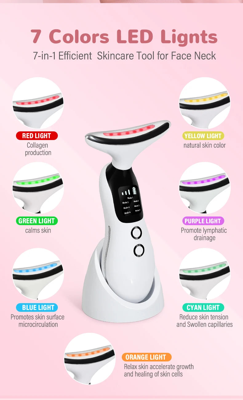 Neck Facial Massager Face Sculpting Tool with Rechargeable Base Microcurrent Beauty Device 7 Color LED Vibration for Skin Care