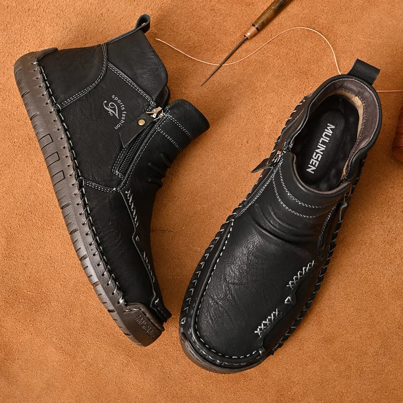 New Mens Genuine Leather Shoes Luxury Slip on Shoe Handmade Ankle Boots Comfortable Winter Fashion Mid Cut Handmade Zipper Shoes