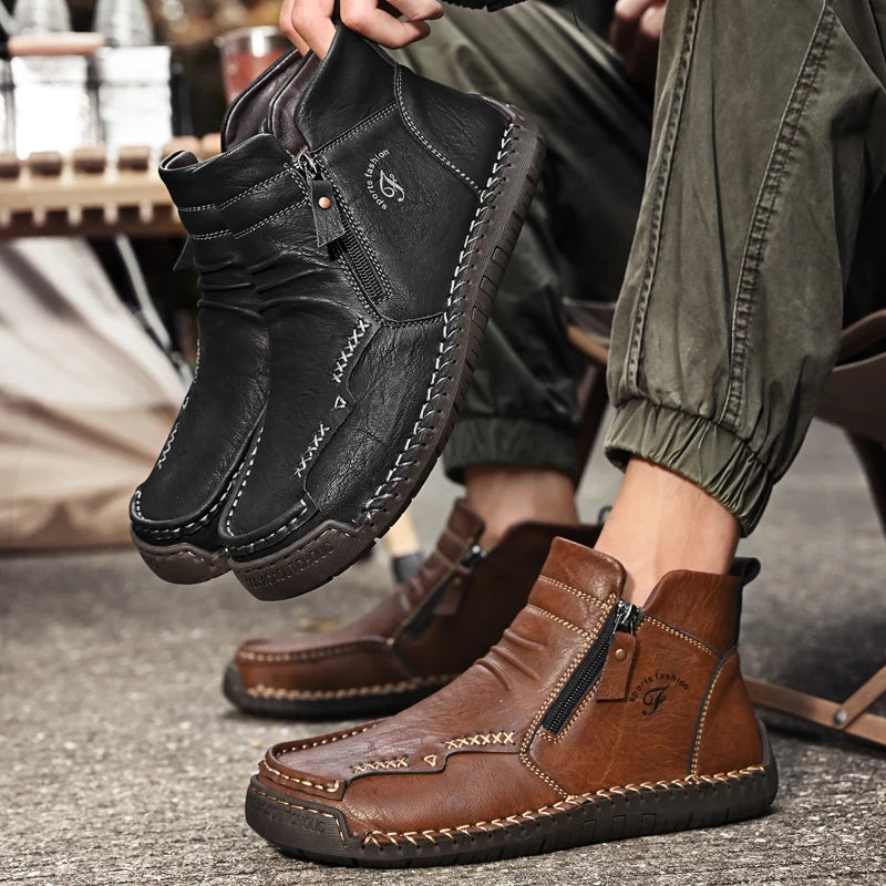 New Mens Genuine Leather Shoes Luxury Slip on Shoe Handmade Ankle Boots Comfortable Winter Fashion Mid Cut Handmade Zipper Shoes
