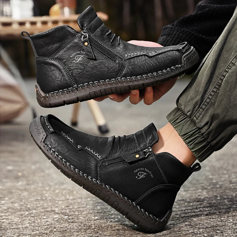 New Mens Genuine Leather Shoes Luxury Slip on Shoe Handmade Ankle Boots Comfortable Winter Fashion Mid Cut Handmade Zipper Shoes
