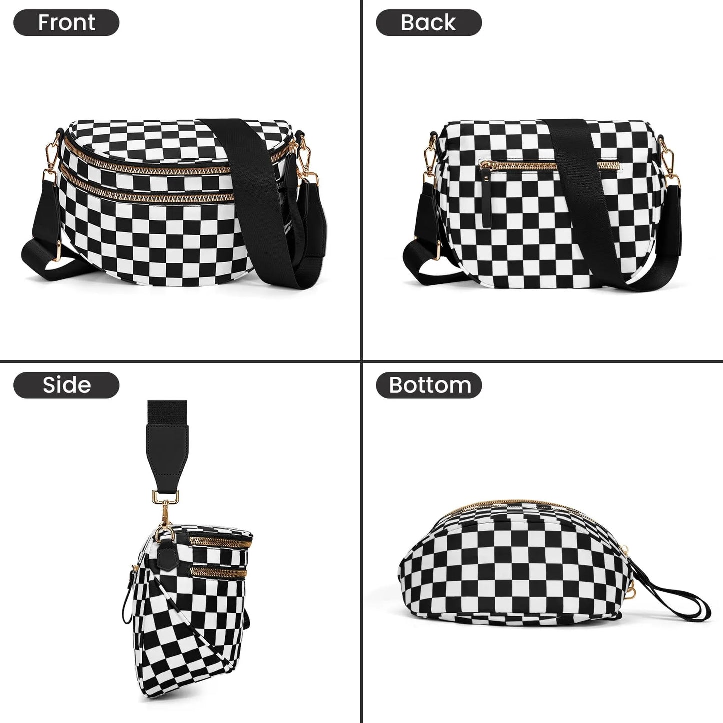 DOYOGI Black and White Checkered Spacious Bum Bag Crossbody Bags for Women Nylon Travel essentials Shoulder Bag Lady Light Bag