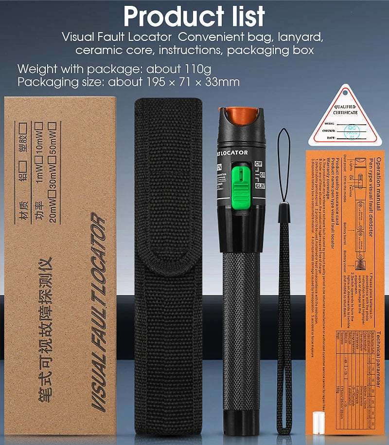 FTTH 30mW Visual Fault Locator Optical Fiber Cable Testrer Pen Style VFL 2.5mm Interface (SC/FC/ST) VFL Fiber Optic Tester Tool