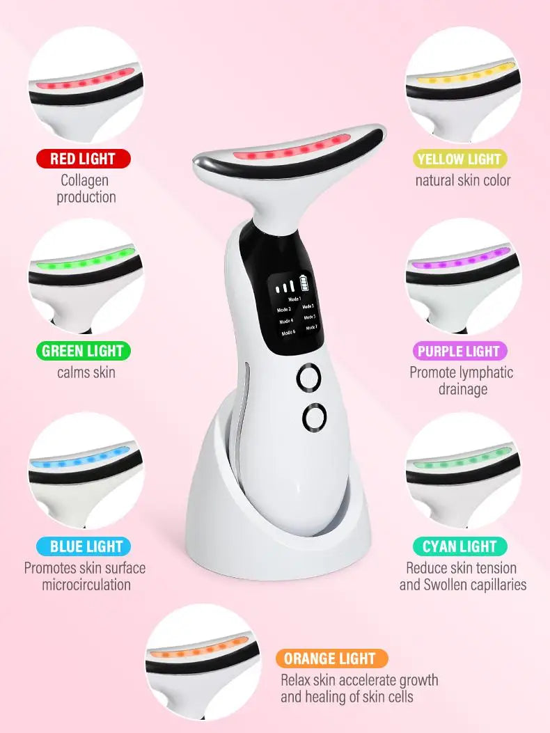 Neck Facial Massager Face Sculpting Tool with Rechargeable Base Microcurrent Beauty Device 7 Color LED Vibration for Skin Care