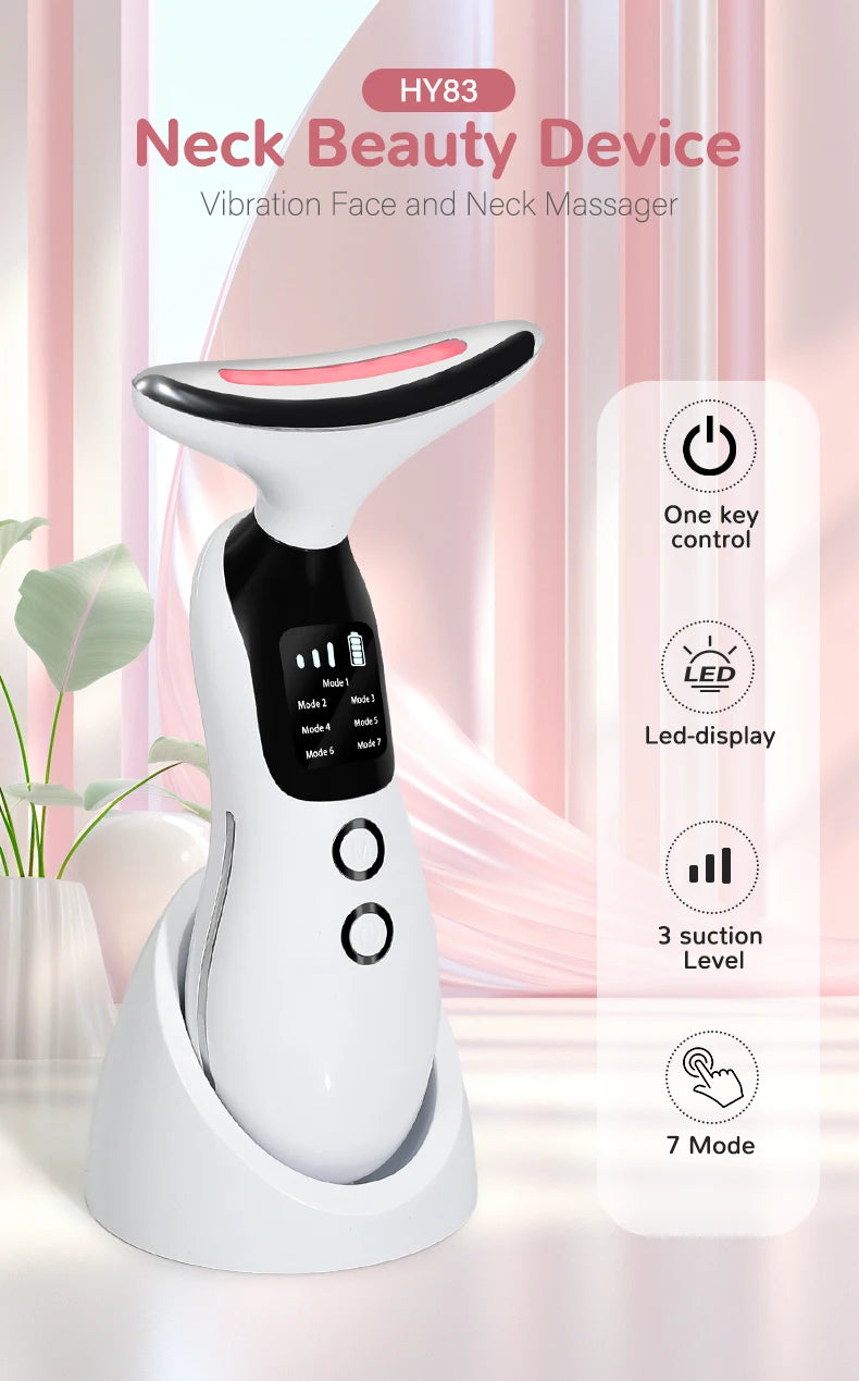 Neck Facial Massager Face Sculpting Tool with Rechargeable Base Microcurrent Beauty Device 7 Color LED Vibration for Skin Care