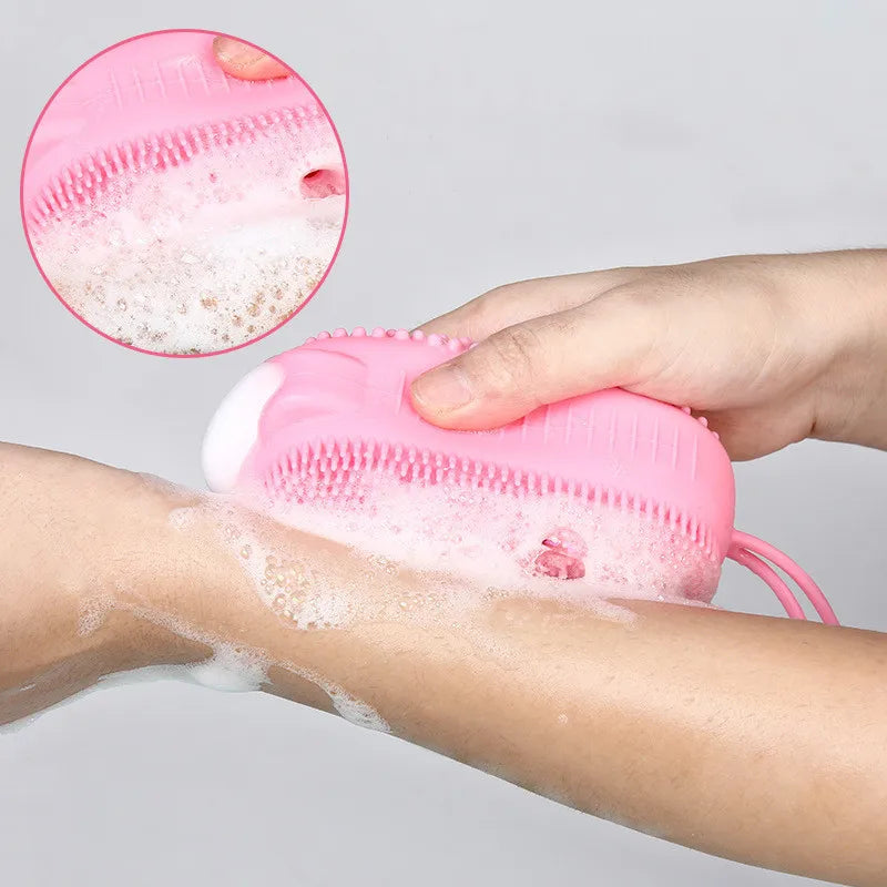 Double Side Silicone Bubble Bath Body Brush with Soap Storage Sponge Massage Scalp Scrubber Skin Clean Shower Exfoliating Mitt