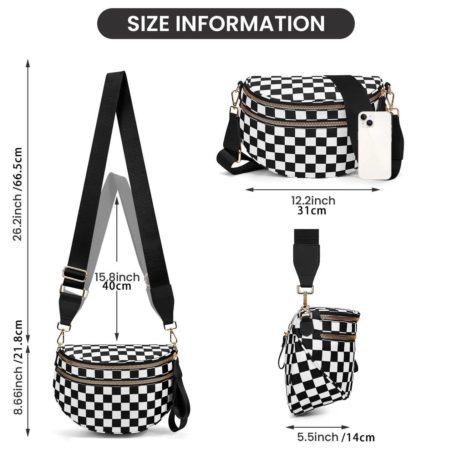 DOYOGI Black and White Checkered Spacious Bum Bag Crossbody Bags for Women Nylon Travel essentials Shoulder Bag Lady Light Bag