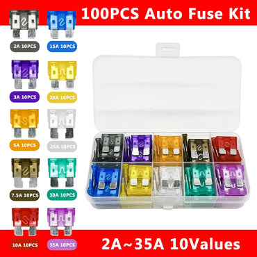 100Pcs Medium car Auto Fuse Kit 15A 20A 25A 30A 35A 10 Types Car Fuse Assortment with Box Blade Type Fuse Assorted Kit