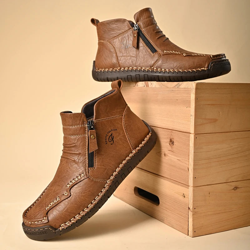 New Mens Genuine Leather Shoes Luxury Slip on Shoe Handmade Ankle Boots Comfortable Winter Fashion Mid Cut Handmade Zipper Shoes