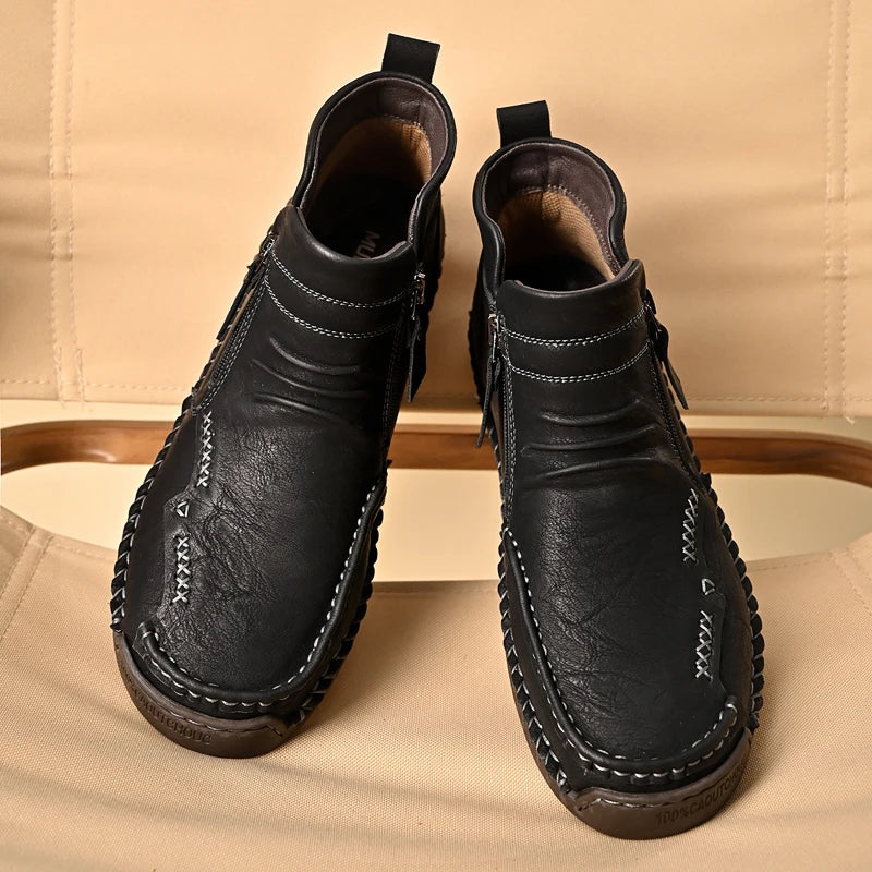 New Mens Genuine Leather Shoes Luxury Slip on Shoe Handmade Ankle Boots Comfortable Winter Fashion Mid Cut Handmade Zipper Shoes