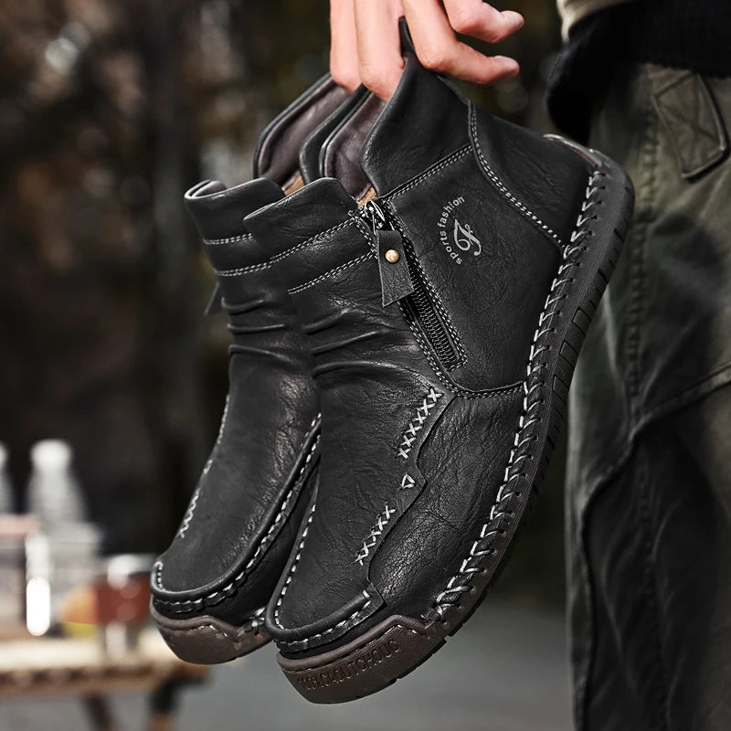 New Mens Genuine Leather Shoes Luxury Slip on Shoe Handmade Ankle Boots Comfortable Winter Fashion Mid Cut Handmade Zipper Shoes