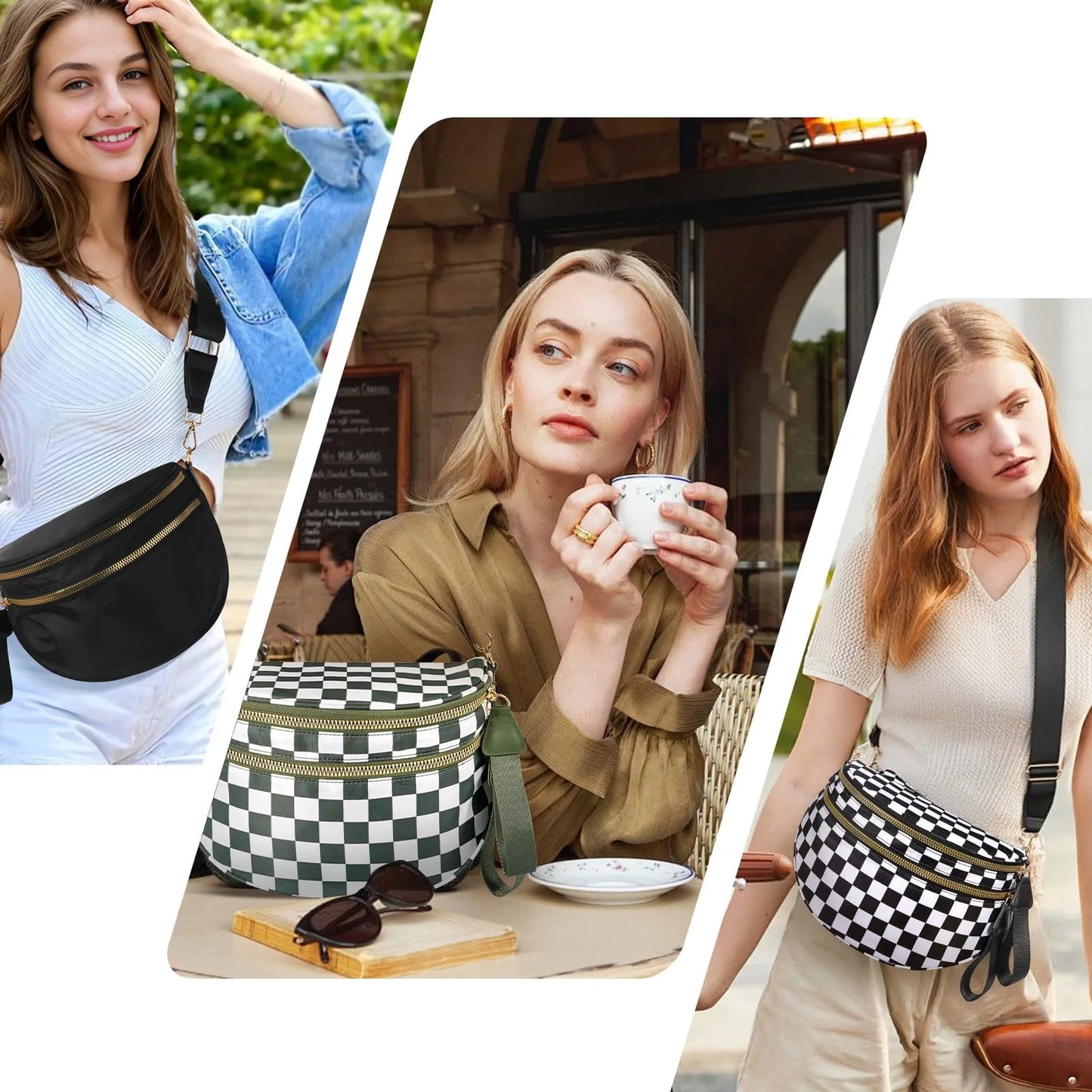 DOYOGI Black and White Checkered Spacious Bum Bag Crossbody Bags for Women Nylon Travel essentials Shoulder Bag Lady Light Bag