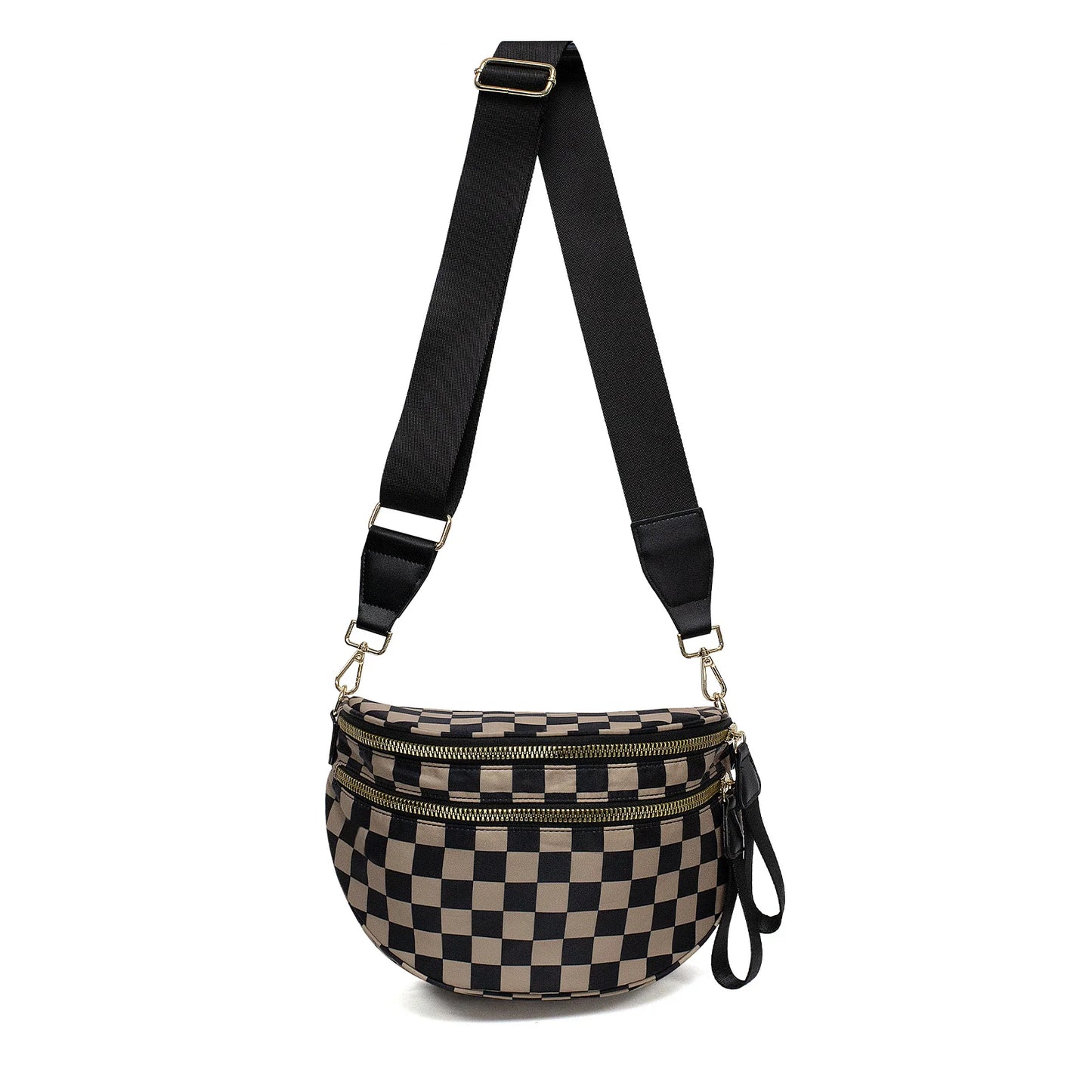 DOYOGI Black and White Checkered Spacious Bum Bag Crossbody Bags for Women Nylon Travel essentials Shoulder Bag Lady Light Bag