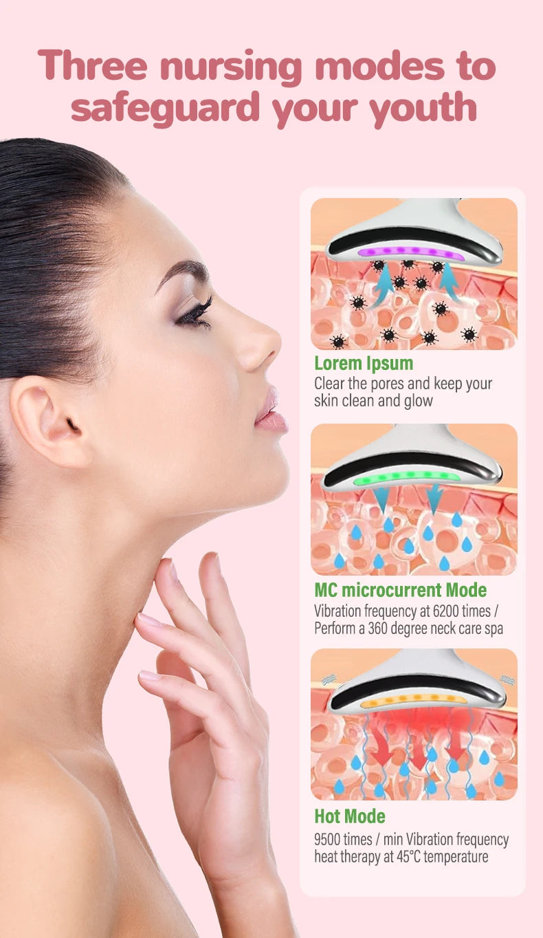 Neck Facial Massager Face Sculpting Tool with Rechargeable Base Microcurrent Beauty Device 7 Color LED Vibration for Skin Care