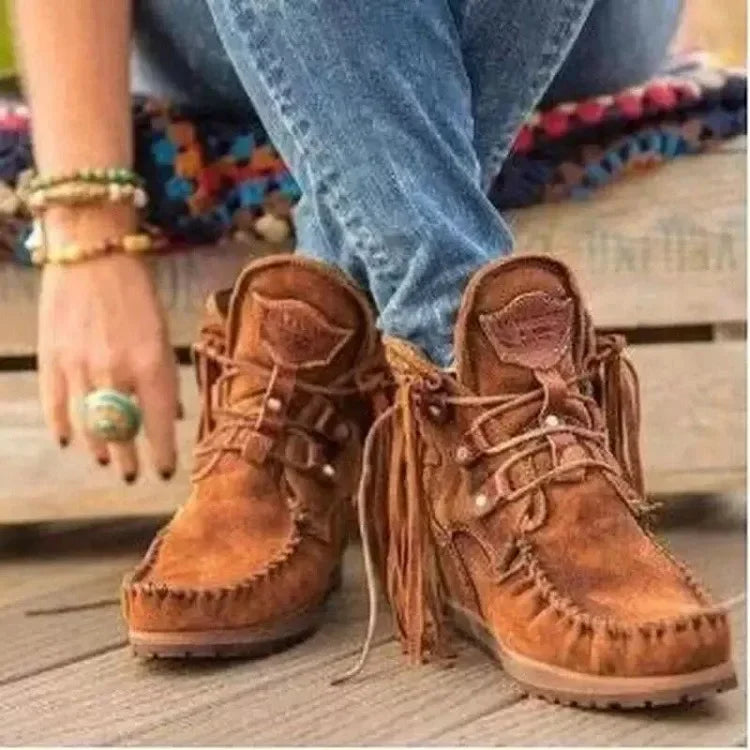 Boots Women 2024 Plus Size Tassel Short  Autumn and Winter New Flat Boots Retro Fashion Thick Sole Ankle Keep Women Boots  Goth