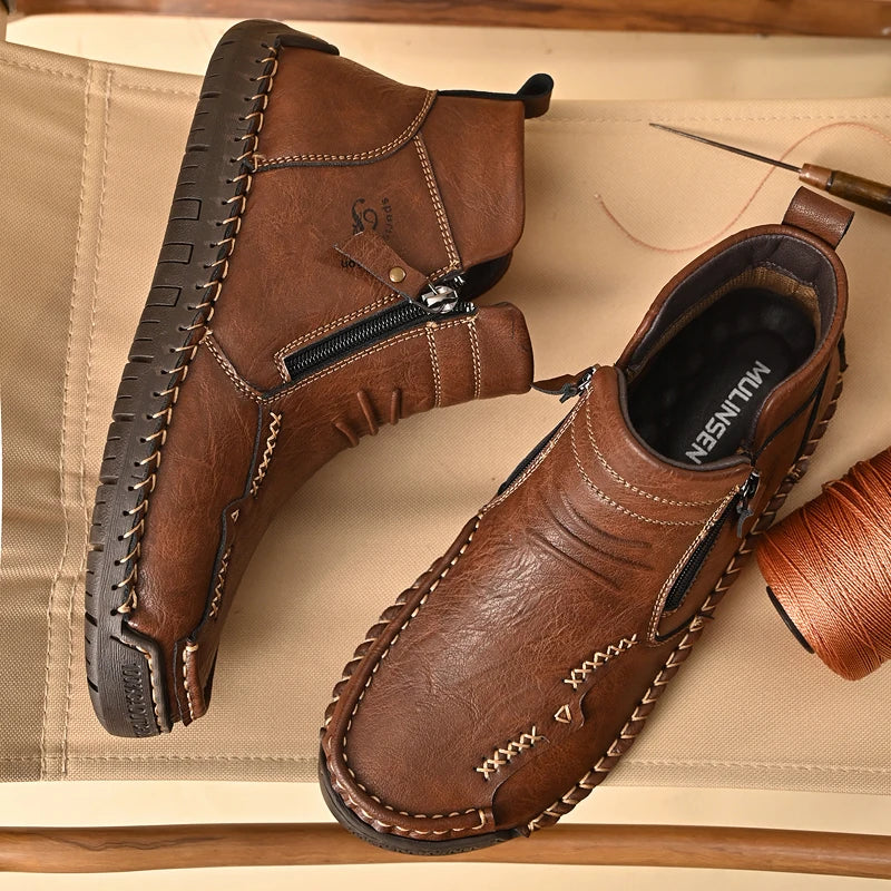 New Mens Genuine Leather Shoes Luxury Slip on Shoe Handmade Ankle Boots Comfortable Winter Fashion Mid Cut Handmade Zipper Shoes