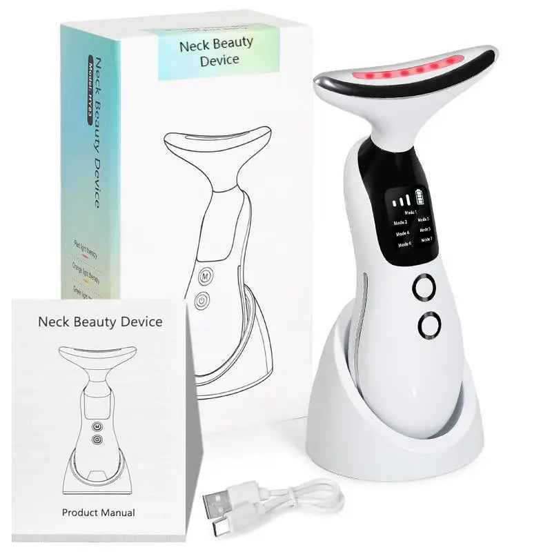 Neck Facial Massager Face Sculpting Tool with Rechargeable Base Microcurrent Beauty Device 7 Color LED Vibration for Skin Care