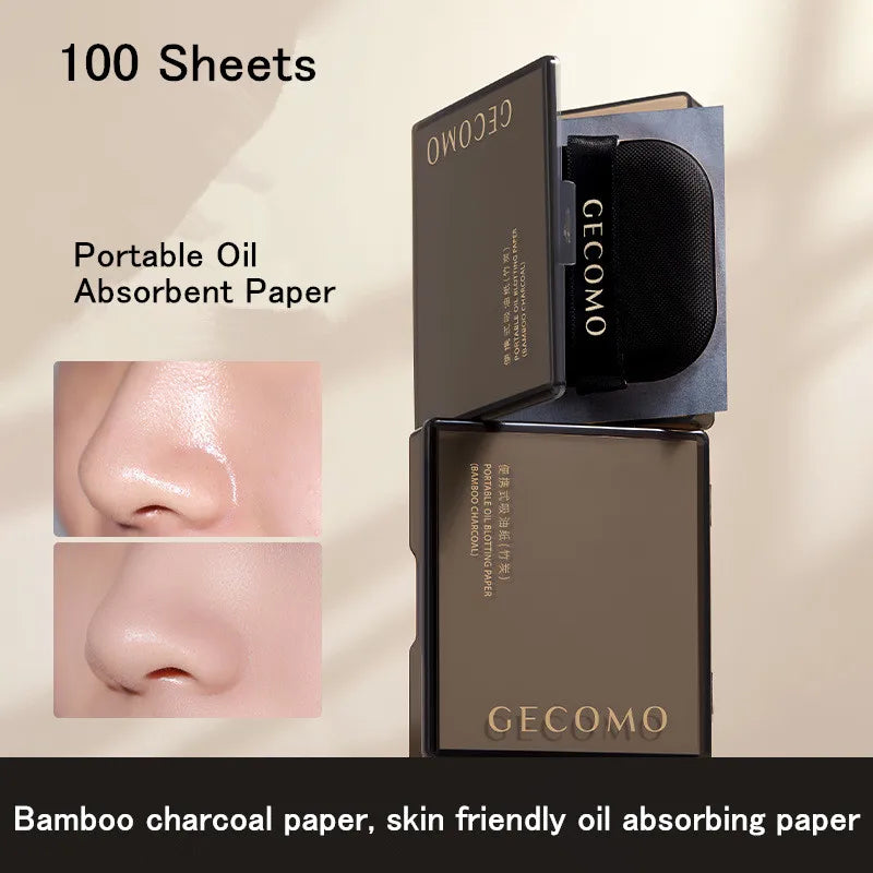 100 Sheets Bamboo Charcoal Oil Absorbing Paper Portable Powder Puff Mirror Facial Refreshing Oil Control Makeup Setting Sponge