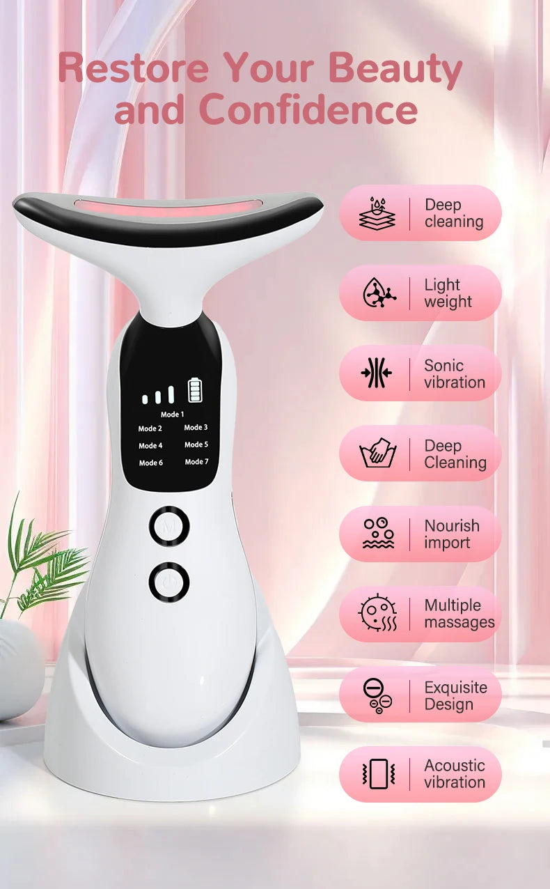 Neck Facial Massager Face Sculpting Tool with Rechargeable Base Microcurrent Beauty Device 7 Color LED Vibration for Skin Care