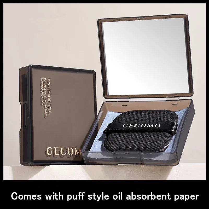 100 Sheets Bamboo Charcoal Oil Absorbing Paper Portable Powder Puff Mirror Facial Refreshing Oil Control Makeup Setting Sponge