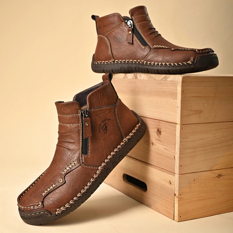 New Mens Genuine Leather Shoes Luxury Slip on Shoe Handmade Ankle Boots Comfortable Winter Fashion Mid Cut Handmade Zipper Shoes