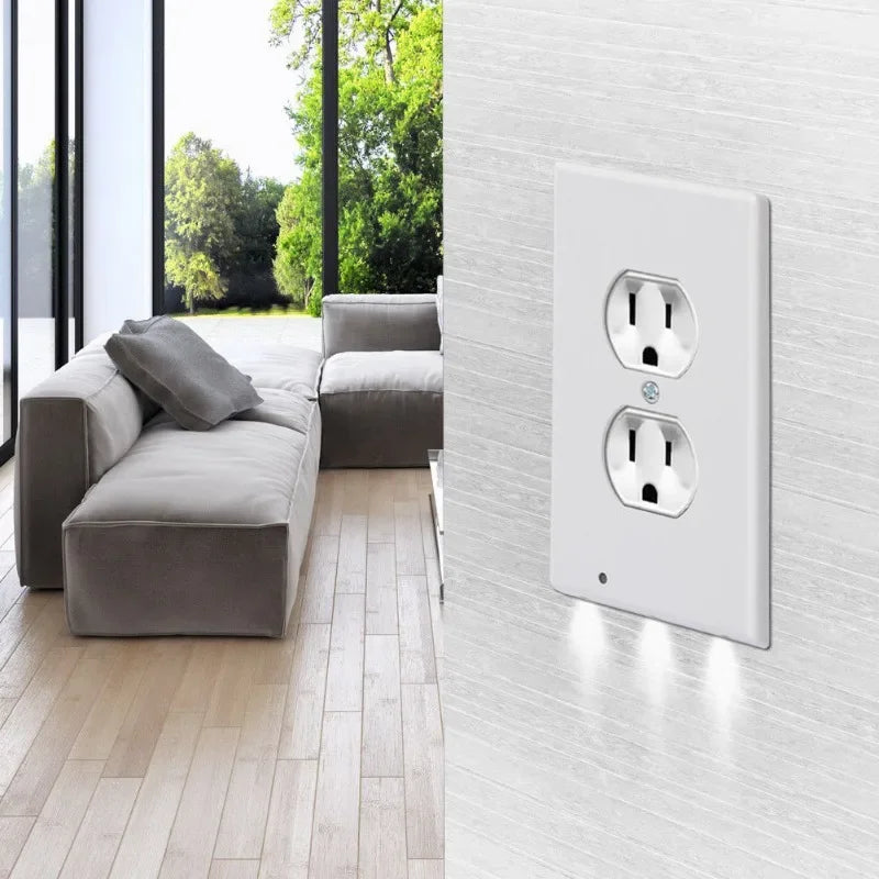 Duplex Electrical Outlet Modern Plugboard Plug-In  Electrical Receptacle Wall Plate With LED Night Lights - Auto On/Off Sensor
