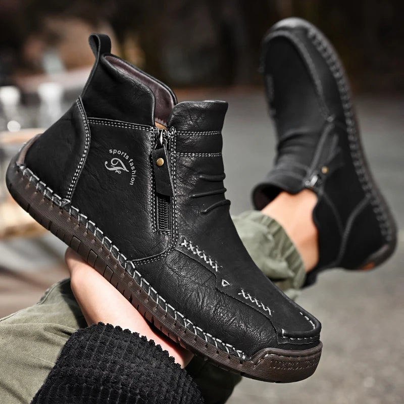 New Mens Genuine Leather Shoes Luxury Slip on Shoe Handmade Ankle Boots Comfortable Winter Fashion Mid Cut Handmade Zipper Shoes