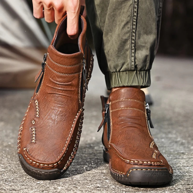 New Mens Genuine Leather Shoes Luxury Slip on Shoe Handmade Ankle Boots Comfortable Winter Fashion Mid Cut Handmade Zipper Shoes