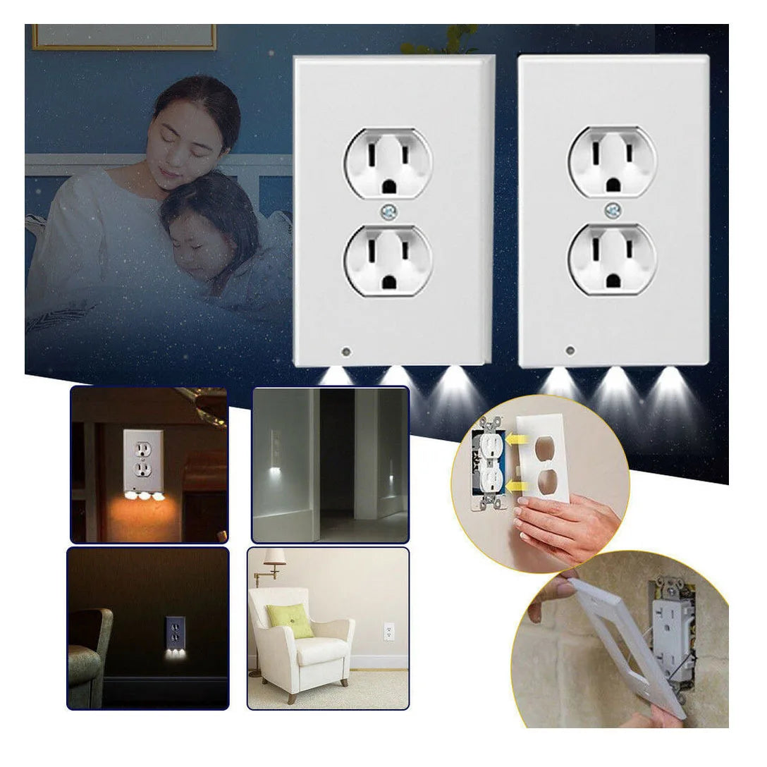 Duplex Electrical Outlet Modern Plugboard Plug-In  Electrical Receptacle Wall Plate With LED Night Lights - Auto On/Off Sensor